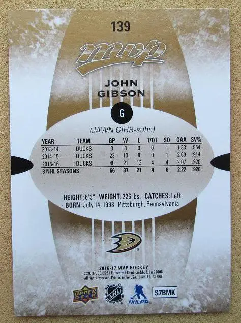 НХЛ Джон Гибсон Анахайм Дакс № 139 1
