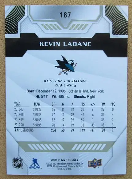 НХЛ Кевин Лабанк Сан-Хосе Шаркс Шанхай Дрэгонс № 187 1