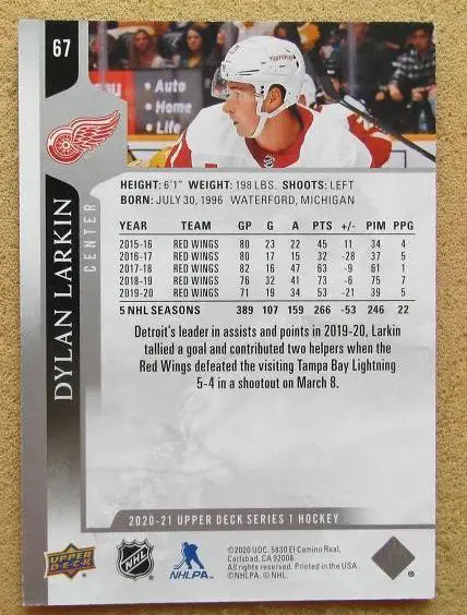 НХЛ Дилан Ларкин Детройт Ред Уингз № 67 1