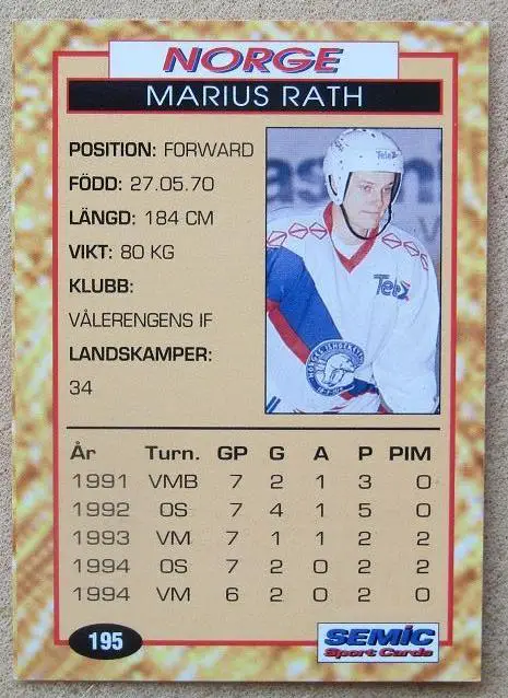 НХЛ Мариус Рат Норвегия ЧМ 1995 Швеция № 195 1