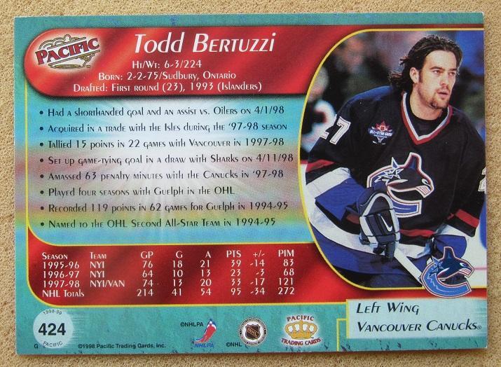 НХЛ Тод Бертуцци Ванкувер Кэнакс № 424 1