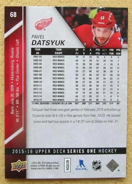 НХЛ Павел Дацюк Детройт Ред Уингз Екатеринбург Казань Динамо ЦСКА СКА № 68 1