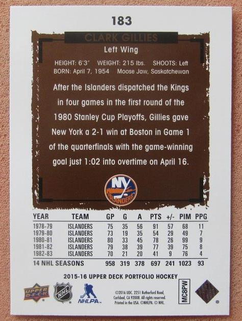 НХЛ Кларк Гиллис Нью-Йорк Айлендерс № 183 1