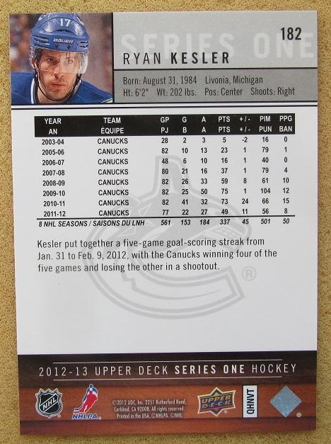 НХЛ Райан Кеслер Ванкувер Кэнакс № 182 1