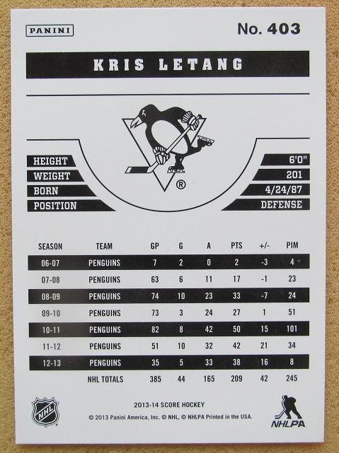 НХЛ Крис Летанг Питтсбург Пингвинз № 403 1