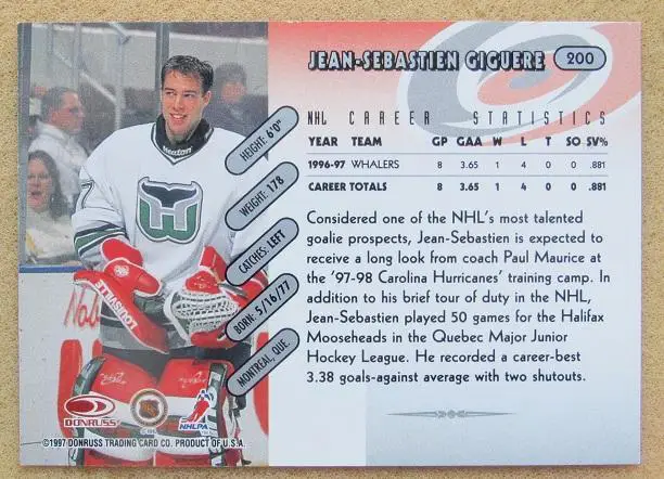 НХЛ Жан-Себастьян Жигер Хартфорд Уэйлерс Каролина Харрикейнз № 200 1