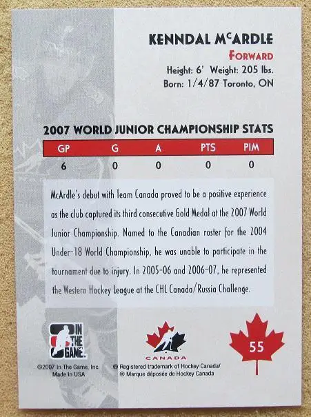 НХЛ Кенндал МакАрдл Канада № 55 1