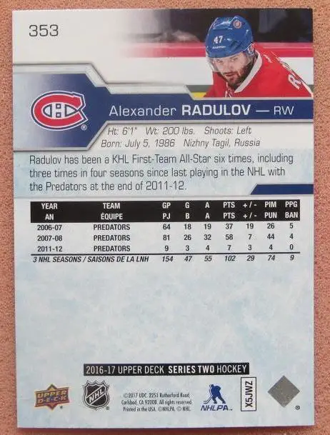 НХЛ Александр Радулов Монреаль Канадиенс Тверь Динамо ЦСКА Москва Уфа № 353 1