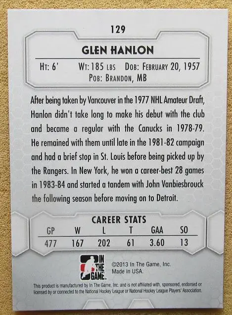 НХЛ Глен Хэнлон Ванкувер Сент-Луис Нью-Йорк Детройт № 129 1