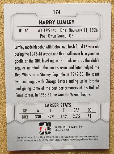 НХЛ Гарри Ламли Детройт Нью-Йорк Чикаго Торонто Бостон № 174 1