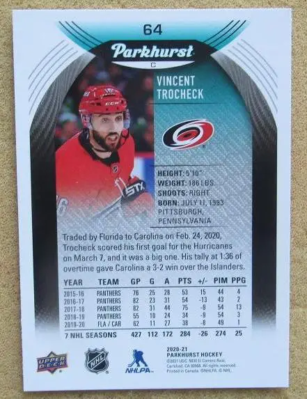 НХЛ Винсент Трочек Каролина Харрикейнз № 64 1