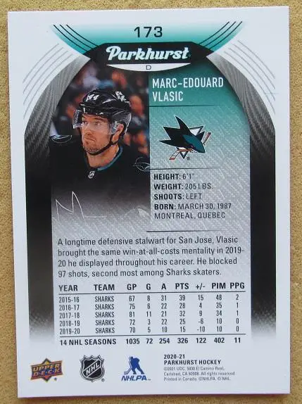 НХЛ Марк-Эдуард Власик Сан-Хосе Шаркс № 173 1