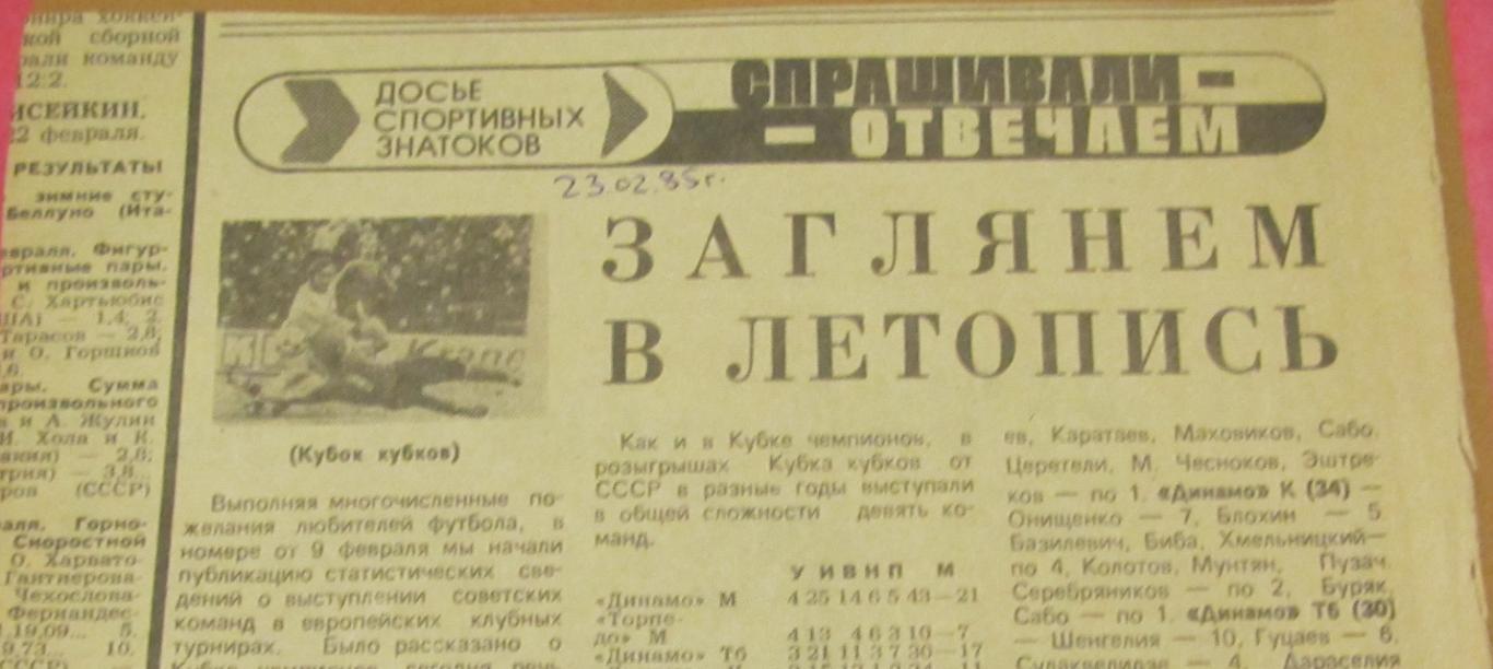 Статистика в Еврокубках 1985 год Кубок Кубков