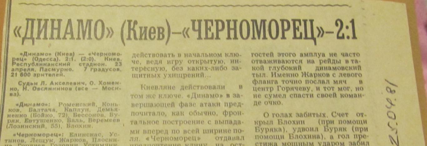 обзор матча Динамо Киев - Черноморец Одесса 23.04.1981