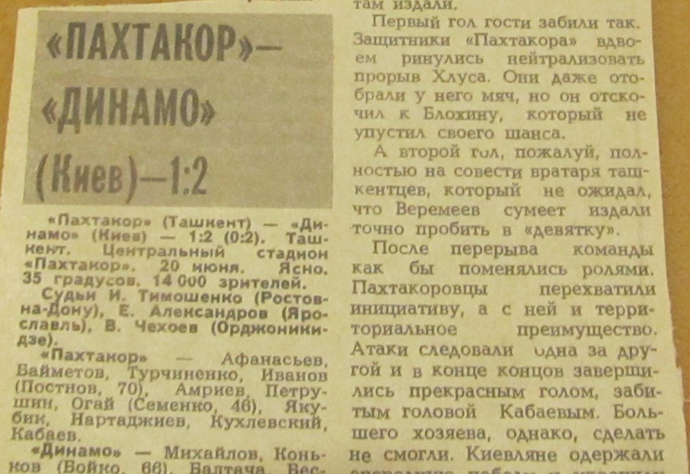 обзор матча Пахтакор Ташкент - Динамо Киев 20.06.1981