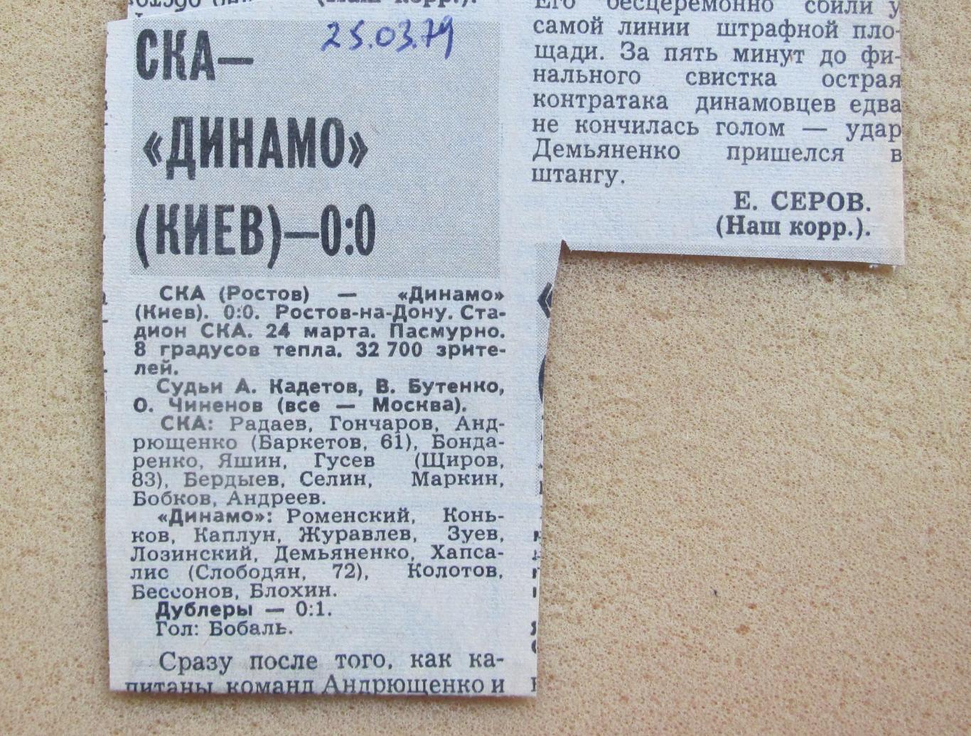 обзор матча СКА Ростов-на-Дону - Динамо Киев 24.03.1979