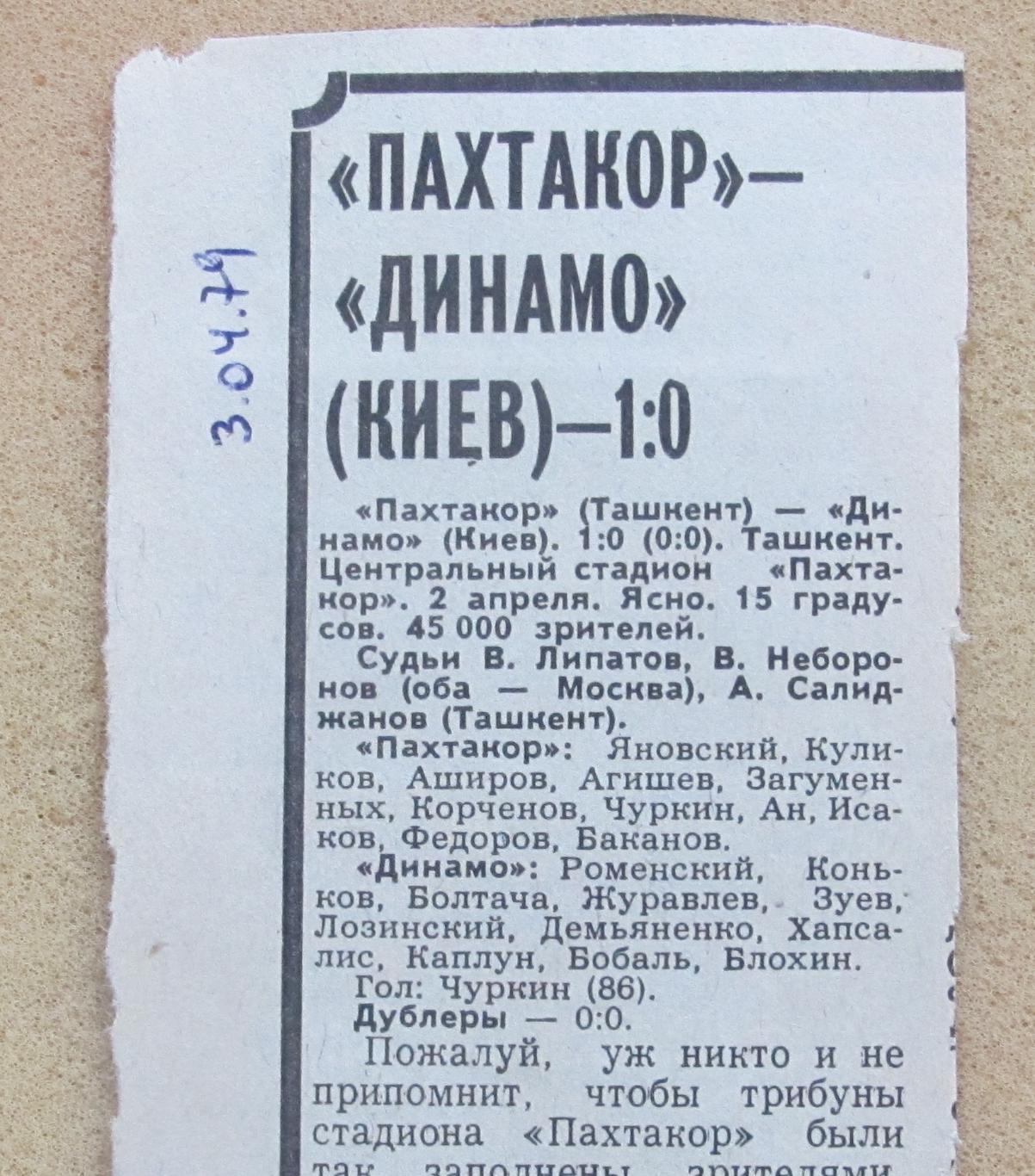 обзор матча Пахтакор Ташкент - Динамо Киев 02.04.1979