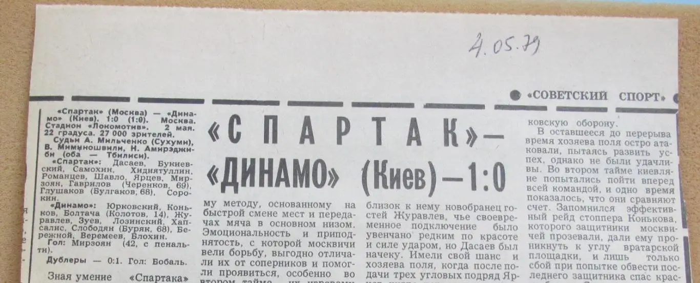 обзор матча Спартак Москва - Динамо Киев 02.05.1979 с фото