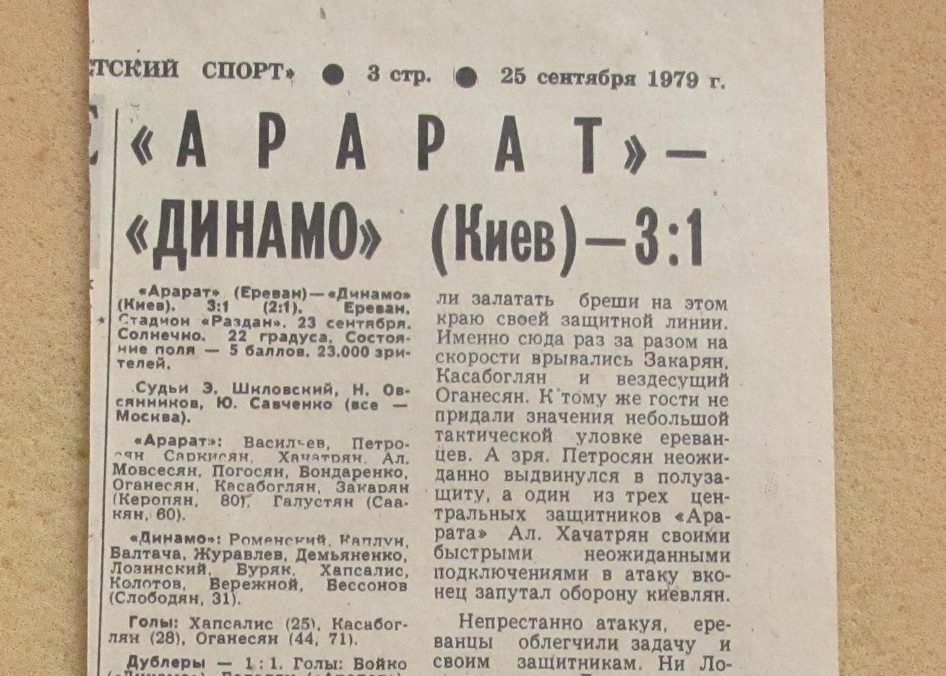 обзор матча Арарат Ереван - Динамо Киев 23.09.1979
