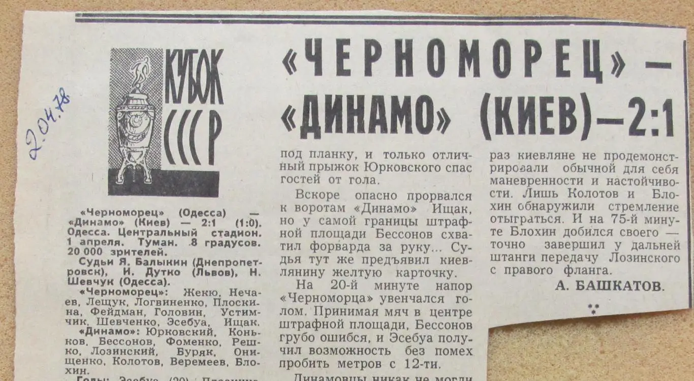 Черноморец Одесса - Динамо Киев 01.04.1978 кубок СССР