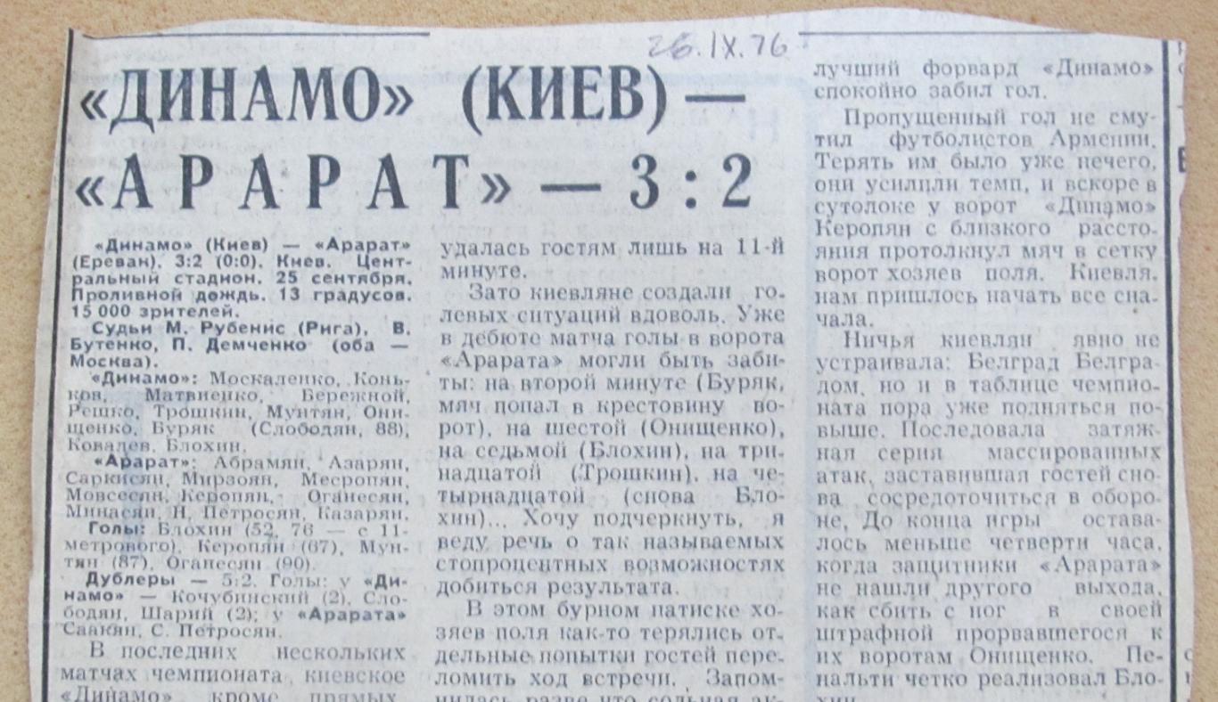 Динамо Киев - Арарат Ереван 25.09.1976