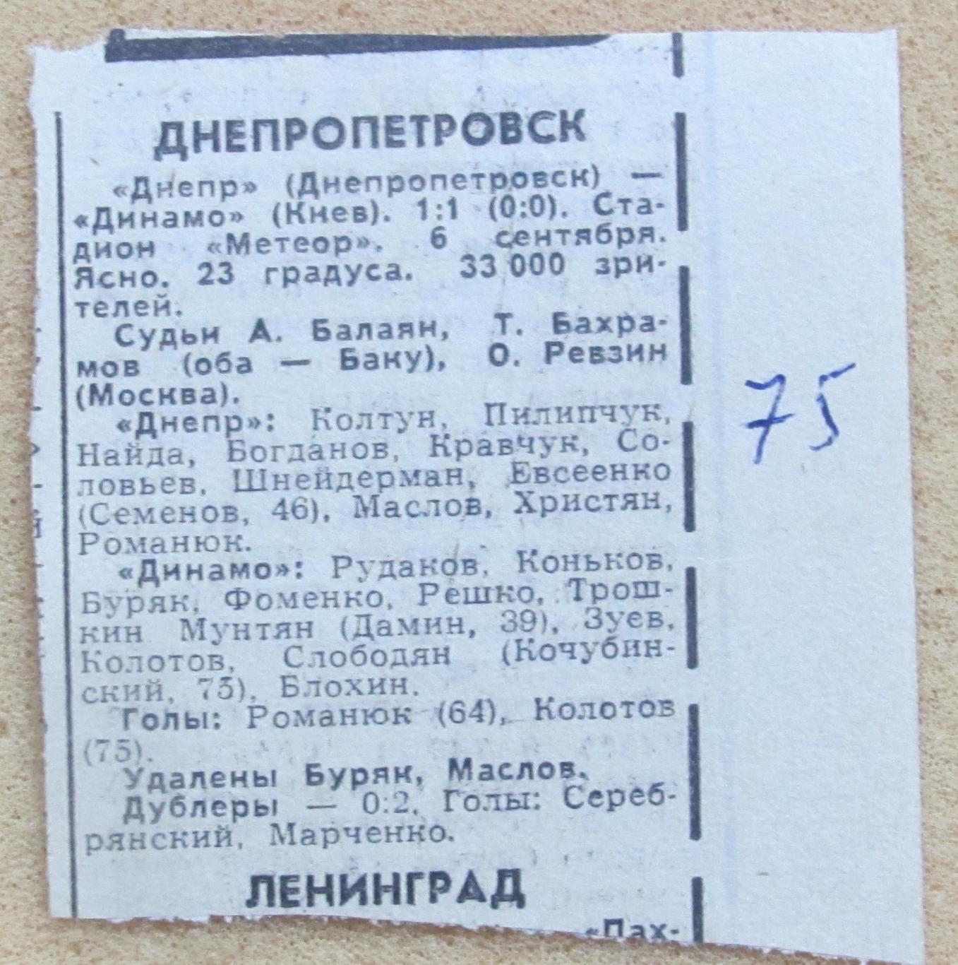 Днепр Днепропетровск - Динамо Киев 06.09.1975