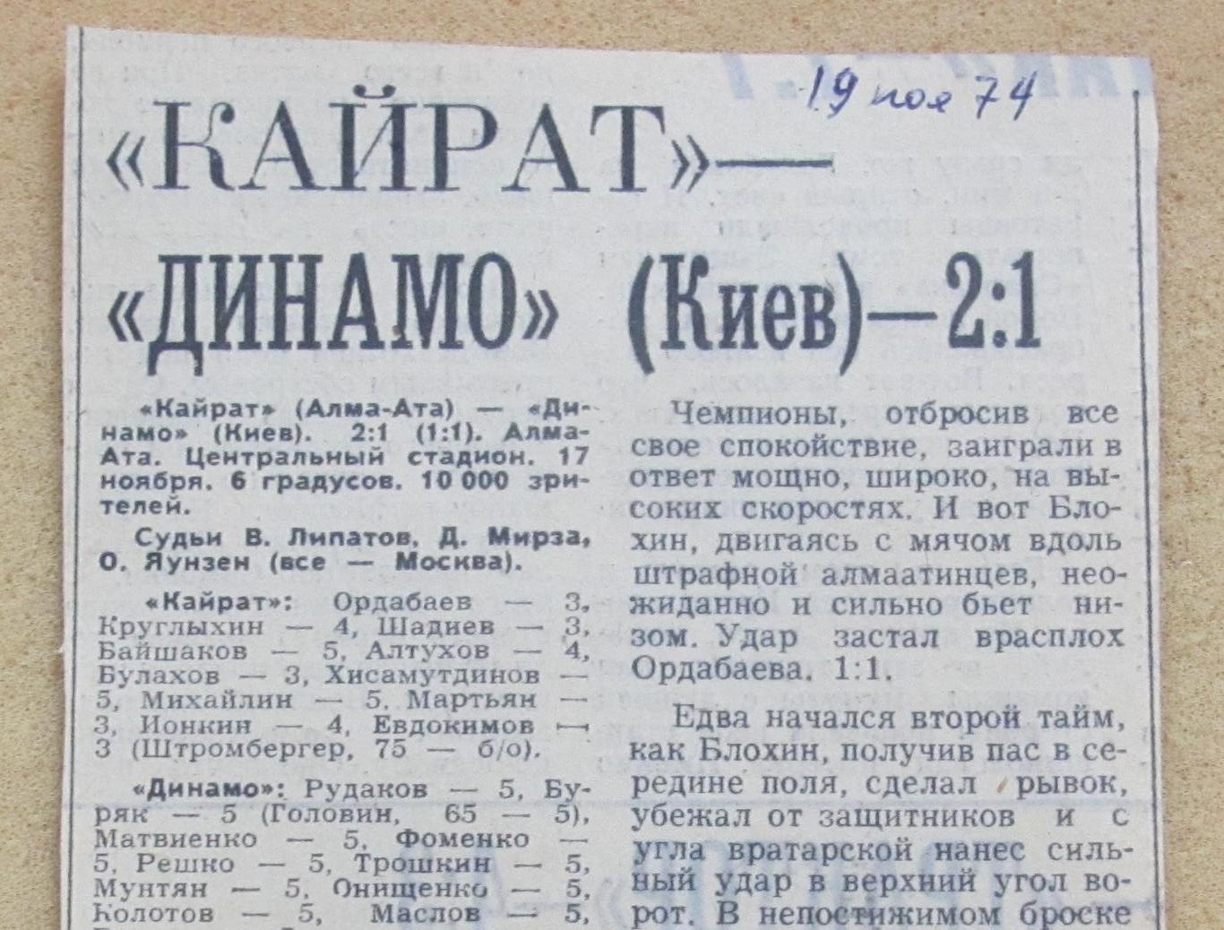 Кайрат Алма-Ата - Динамо Киев 17.11.1974