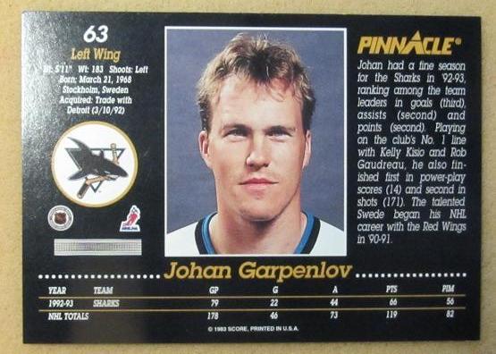 НХЛ Юхан Гарпенлёв Сан-Хосе Шаркс № 63 1