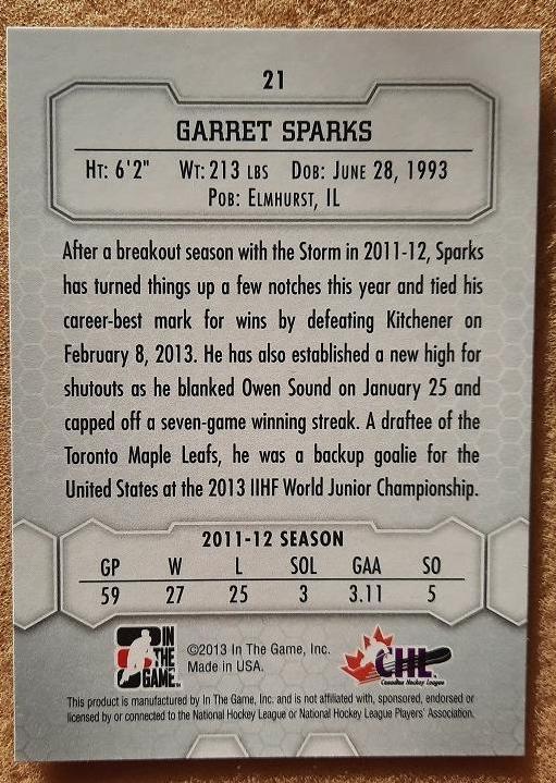 НХЛ Гаррет Спаркс Гелф Сторм № 21 1