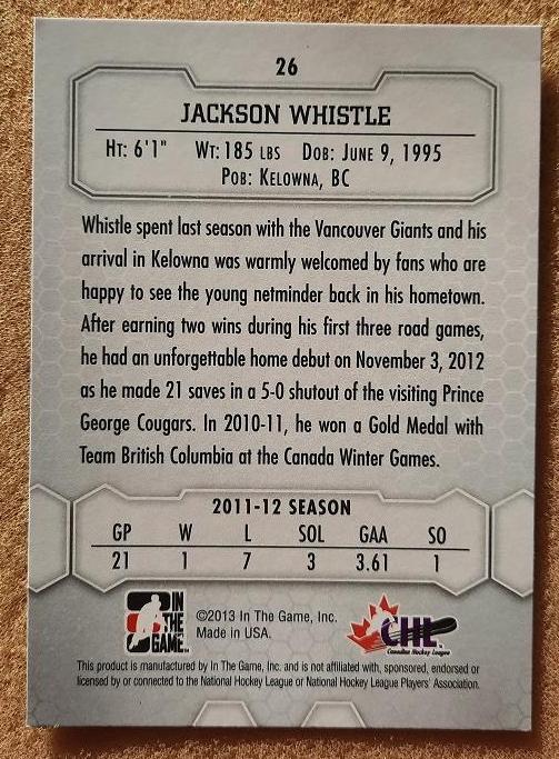 НХЛ Джексон Уистл Келовна Рокетс № 26 1