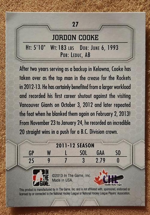 НХЛ Джордан Кук Келовна Рокетс № 27 1