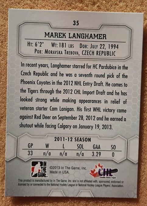 НХЛ Марек Лангхамер Медисин Хат Тайгерс Амур Хабаровск № 35 1