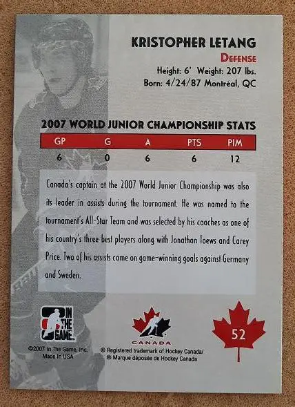 НХЛ Крис Летанг Канада № 52 1