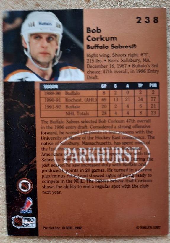 НХЛ Боб Коркум Баффало Сейбрз № 238 1