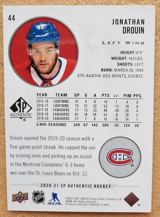 НХЛ Джонатан Друэн Монреаль Канадиенс № 44 1
