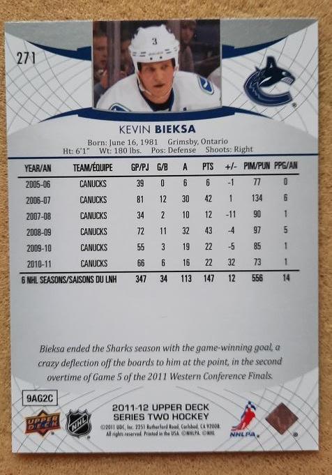 НХЛ Кевин Биекса Ванкувер Кэнакс № 271 1