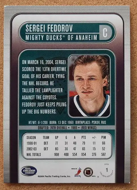 НХЛ Сергей Федоров Анахайм Майти Дакс Динамо Минск ЦСКА Москва Магнитогорск №1а 1