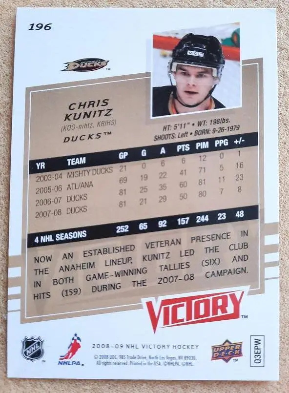 НХЛ Крис Кунитц Анахайм Дакс № 196 1