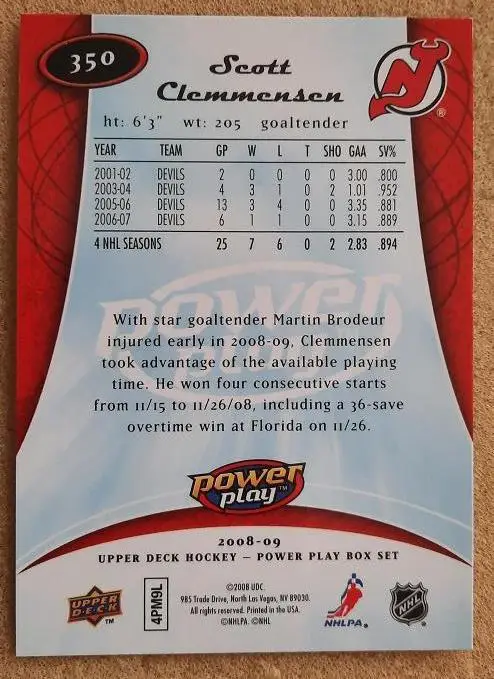 НХЛ Скотт Клемменсен Нью-Джерси Дэвилз № 350 1