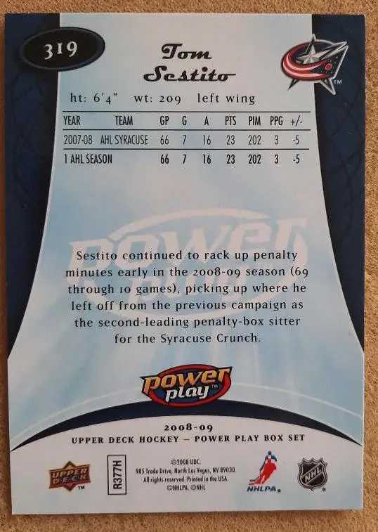 НХЛ Том Сестито Коламбус Блю Джекетс № 319 1