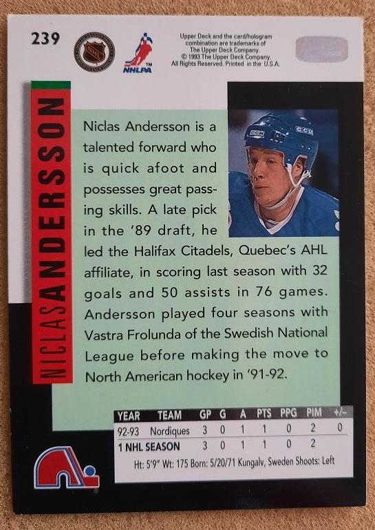 НХЛ Никлас Андерссон Квебек Нордикс № 239 1