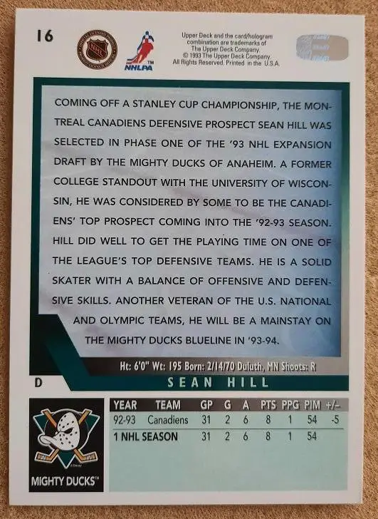 НХЛ Шон Хилл Анахайм Майти Дакс № 16 1