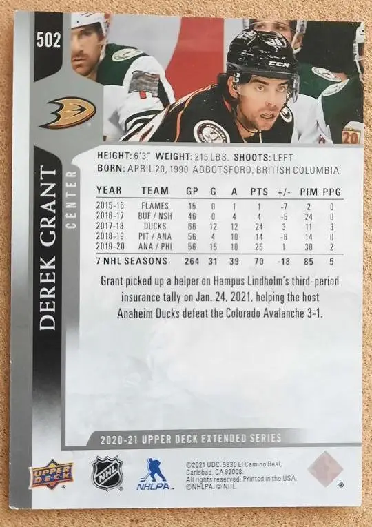 НХЛ Дерек Грант Анахайм Дакс № 502 1