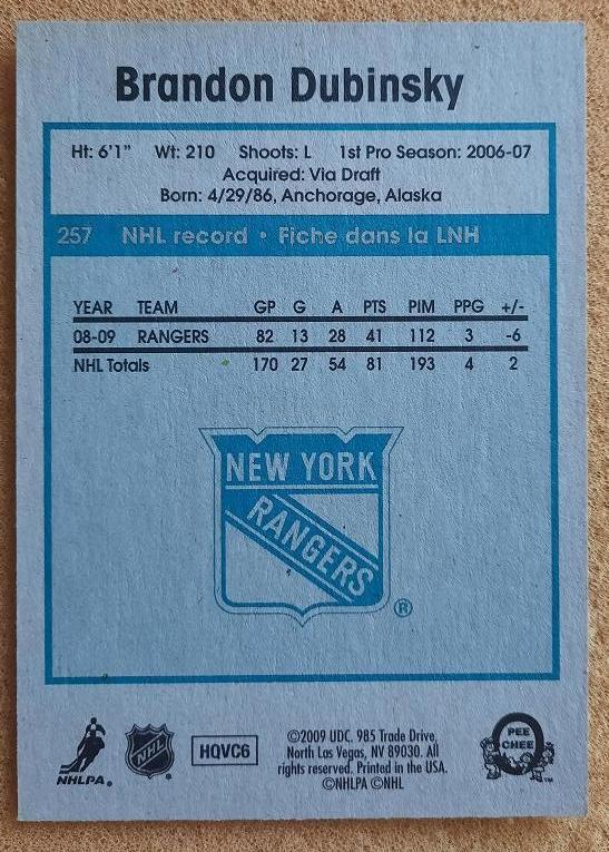 НХЛ Брендон Дубински Нью-Йорк Рейнджерс № 257 1