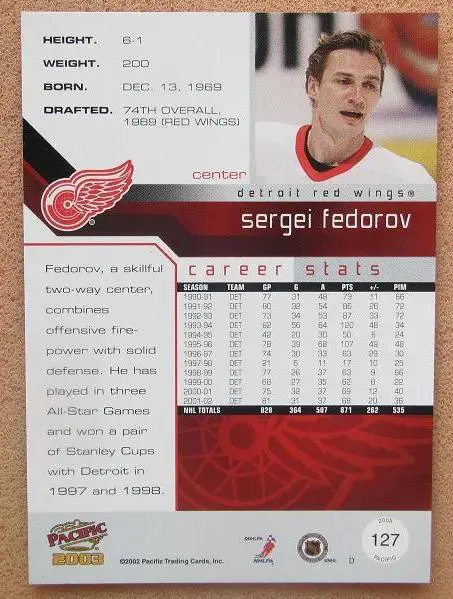 НХЛ Сергей Федоров Детройт Ред Уингз Динамо Минск ЦСКА Москва Магнитогорск № 127 1