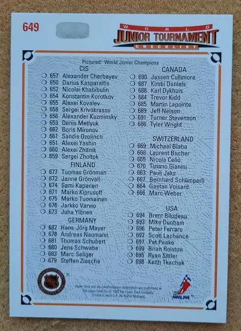 НХЛ сборная СССР чемпионат мира среди юниоров № 649 чек-лист 1