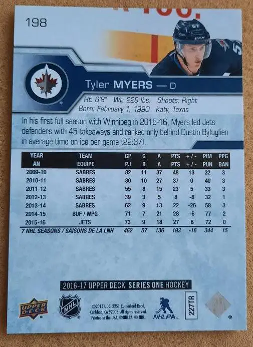 НХЛ Тайлер Майерс Виннипег Джетс № 198 1