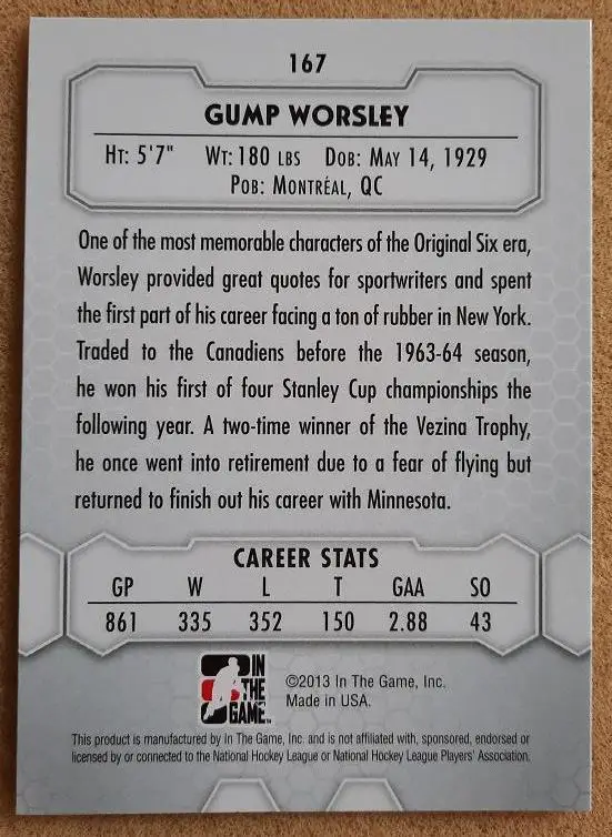 НХЛ Лорн Уорсли Миннесота Нью-Йорк Монреаль № 167 1