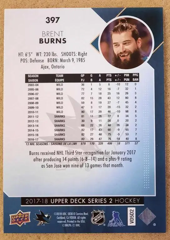 НХЛ Брент Бернс Сан-Хосе Шаркс № 397 1