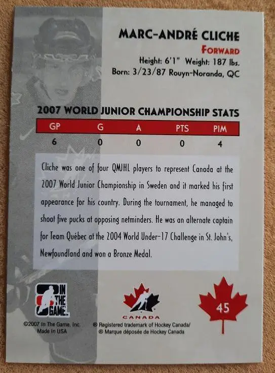 НХЛ Марк-Андре Клише Канада № 45 1